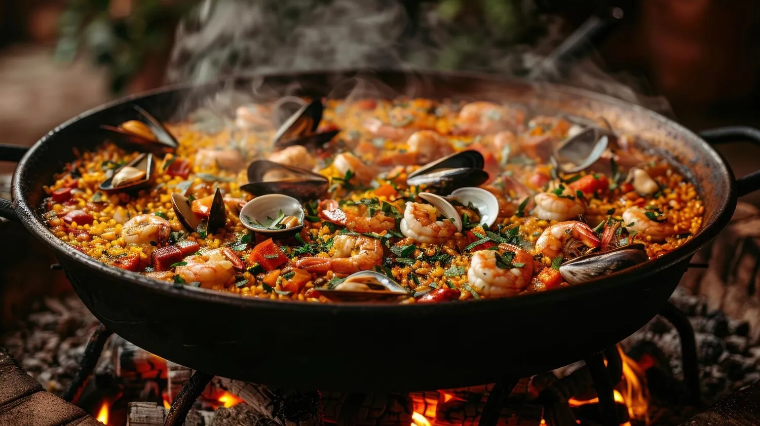 Paella tradicional preparada na paellera